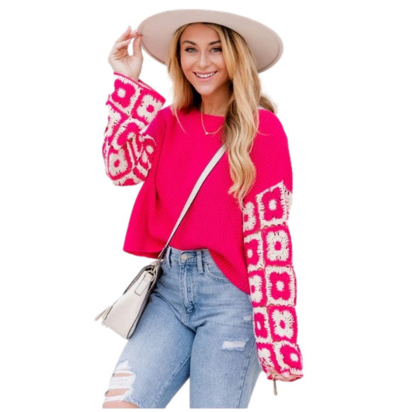 Pink Lily Sweaters - Pink Lily Fuchsia Crewneck Sweater with Crochet-Pattern Balloon Sleeves